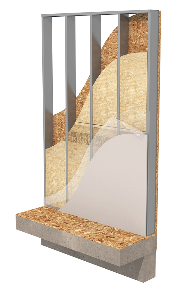 Image showing cutwaway view of fiber core insulation between light gauge steel framing.
